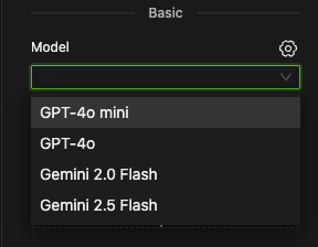 Selecting a base model from the dropdown list